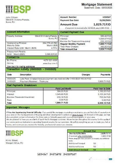 Download Fiji Bank of South Pacific bank mortgage statement scr Photoshop template